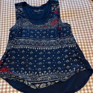 Lucky Brand Navy Tank with Cream Geometric and Red Floral Accents